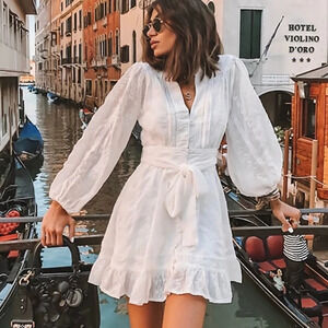 ZARA Womens Fall Dress Collared Long Sleeve Sweet Tie Ruffle Hem Mini Dress
